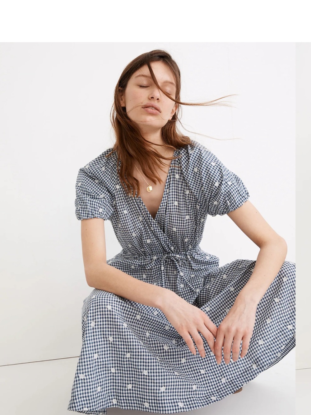 Madewell 100% cotton Navy Gingham Tie-Waist Midi Dress with Dots